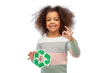 Image showing african american girl holding green recycling sign