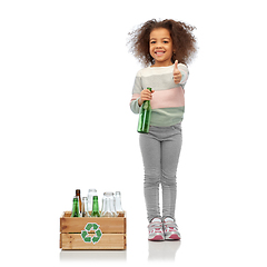 Image showing smiling girl with wooden box sorting glass waste