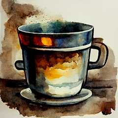 Image showing Watercolor drawing ceramic cup of hot coffee with milk or cappuc