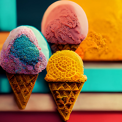 Image showing Colorful ice cream cones. Abstract creative summer concept.