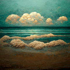 Image showing Sea beach landscape. Ocean view panorama, water sand and clouds.