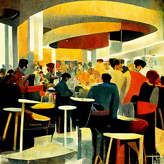 Image showing Men and women dressed in elegant clothing sitting at bar, talkin