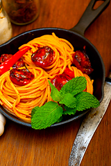 Image showing italian spaghetti pasta and tomato with mint leaves