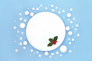Image showing Christmas Dinner Plate with Holly and White Decorations