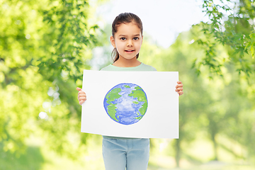 Image showing smiling girl holding drawing of earth planet