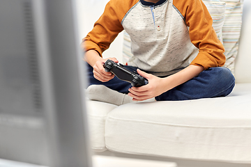 Image showing boy with gamepad playing video game at home