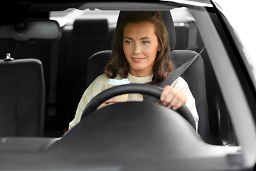 Image showing woman or female driver with coffee driving car