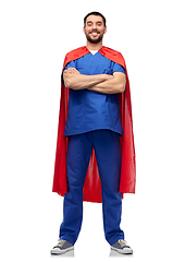 Image showing smiling doctor or male nurse in superhero cape