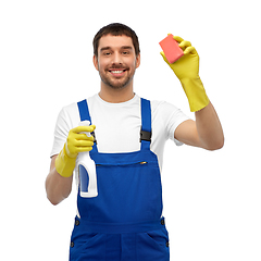 Image showing male cleaner cleaning with sponge and detergent