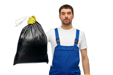 Image showing male worker or cleaner with garbage bag