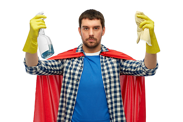 Image showing man in superhero cape with rag and cleaner