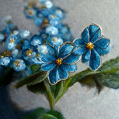 Image showing Bunch of small blue forget me not flowers with leaves. 