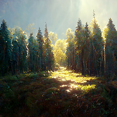 Image showing Beautiful sunny morning in magic forest.