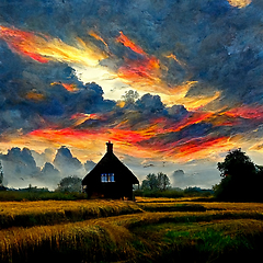 Image showing Sunset countryside landscape with farm, agriculture field and ho