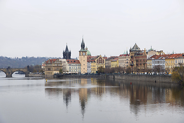 Image showing View on beautiful Prague from the Vltava river in cloudy autumn 
