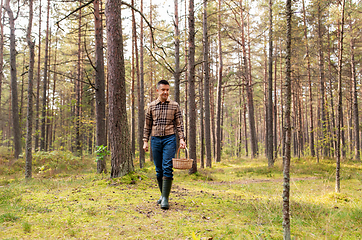 Image showing happy man with basket picking mushrooms in forest