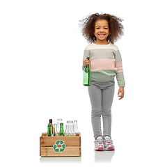 Image showing smiling girl with wooden box sorting glass waste