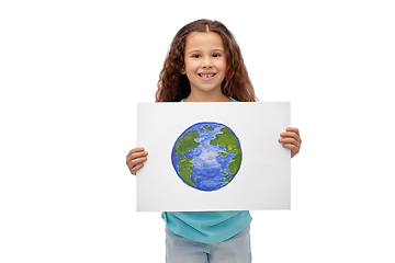 Image showing smiling girl holding drawing of earth planet