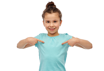 Image showing happy smiling girl pointing fingers to herself