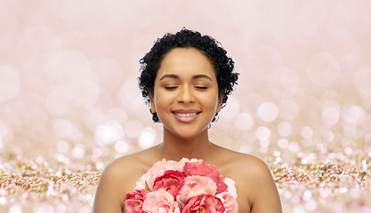 Image showing portrait of african american woman with flowers