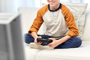 Image showing happy boy with gamepad playing video game at home