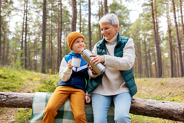 Image showing grandmother with grandson drinking tea in forest