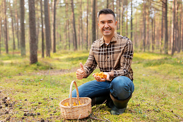 Image showing happy man with basket picking mushrooms in forest