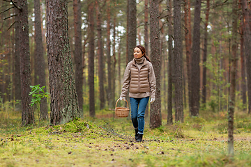 Image showing young woman picking mushrooms in autumn forest