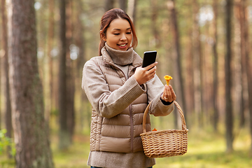 Image showing asian woman using smartphone to identify mushroom