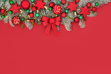 Image showing Christmas Snow Fir Bow and Bauble Background