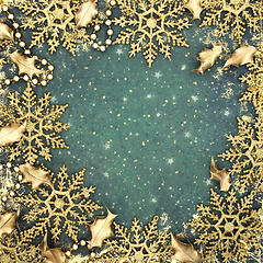 Image showing Christmas Gold Holly and Snowflake Background Border