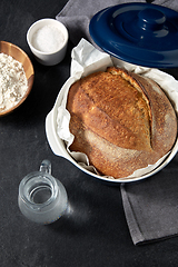 Image showing bread, wheat flour, salt and water in glass jug