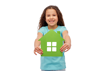 Image showing smiling little girl holding green house icon