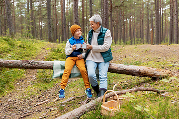 Image showing grandmother with grandson drinking tea in forest