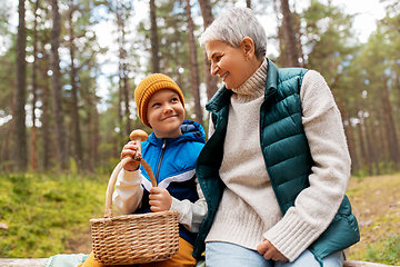 Image showing grandmother and grandson with mushrooms in forest