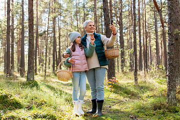 Image showing grandma with granddaughter taking selfie in forest