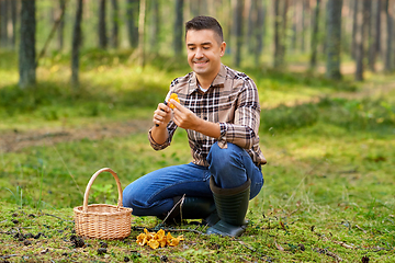 Image showing happy man with basket picking mushrooms in forest