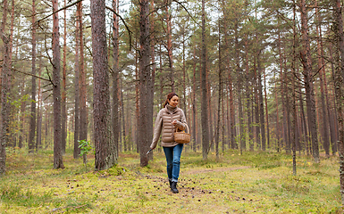 Image showing young woman picking mushrooms in autumn forest