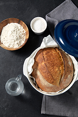 Image showing bread, wheat flour, salt and water in glass jug