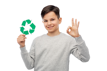 Image showing happy boy holding green recycling sign showing ok