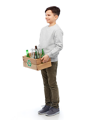 Image showing smiling boy with wooden box sorting glass waste