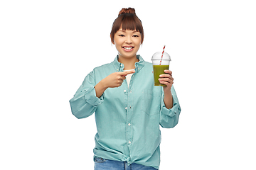 Image showing happy smiling asian woman with can drink