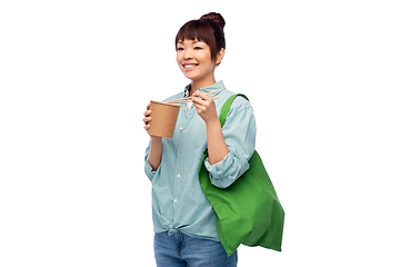 Image showing asian woman with reusable bag for food and wok