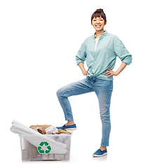 Image showing happy smiling asian woman sorting paper waste