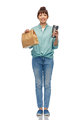 Image showing woman with thermo cup or tumbler for hot drinks