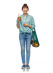 Image showing asian woman with drink and food in reusable bag
