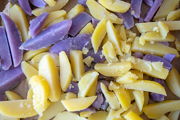 Image showing Raw sliced blue and yellow potatoes