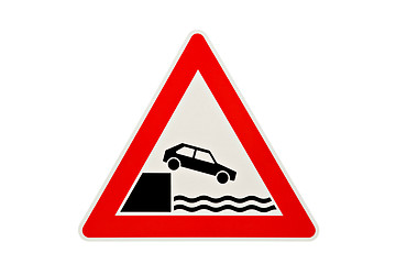 Image showing danger sign car falling in water