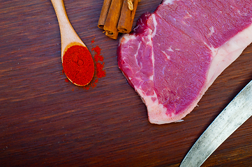 Image showing raw uncooked  ribeye beef steak butcher selection