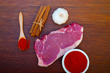 Image showing raw uncooked  ribeye beef steak butcher selection